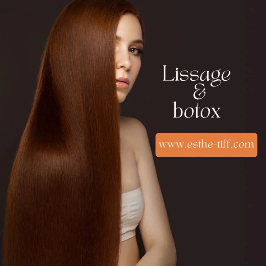 Cheveux longs, roux et très lisses, avec la mention « Lissage et botox ».
