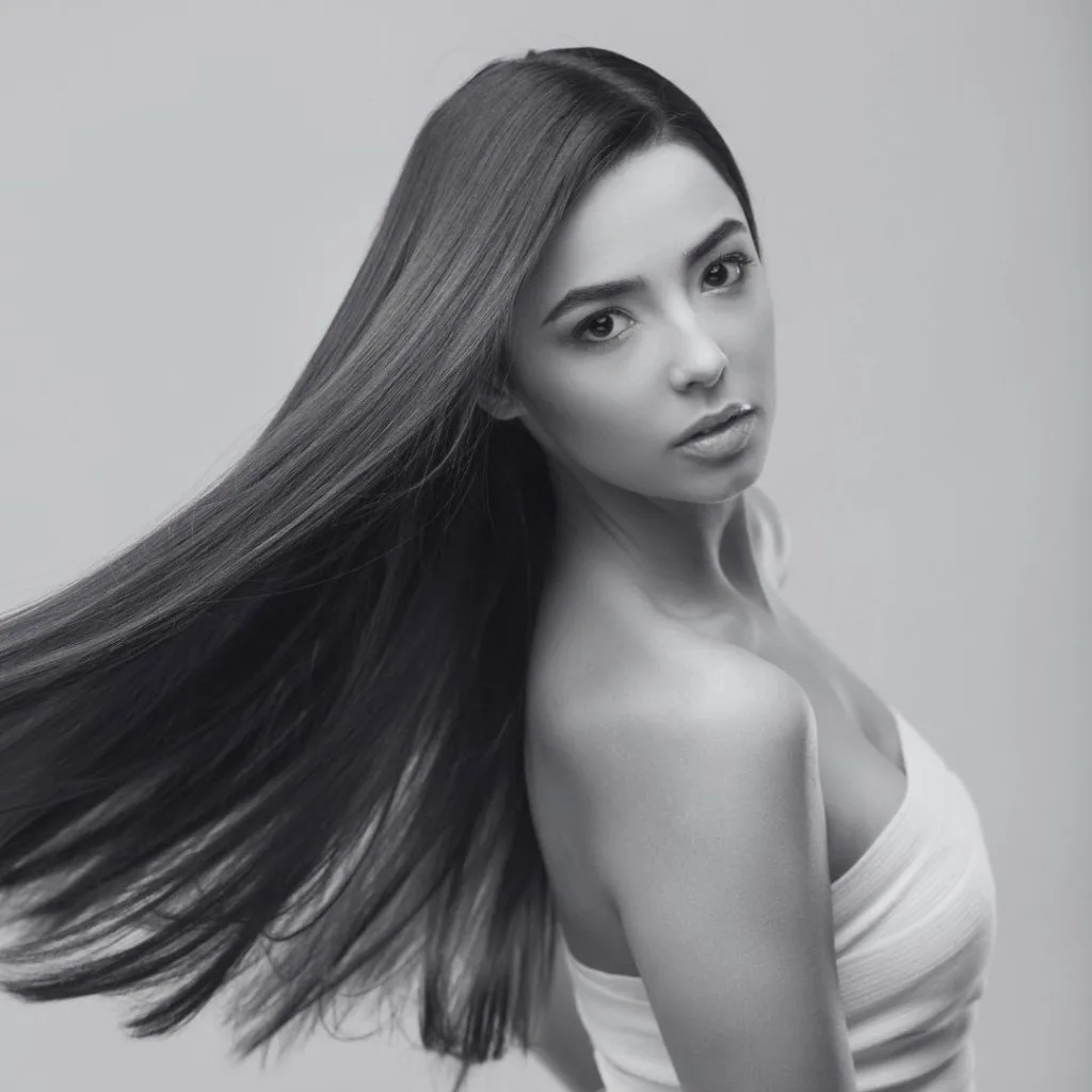 Femme aux longs cheveux lisses en mouvement, portrait en noir et blanc